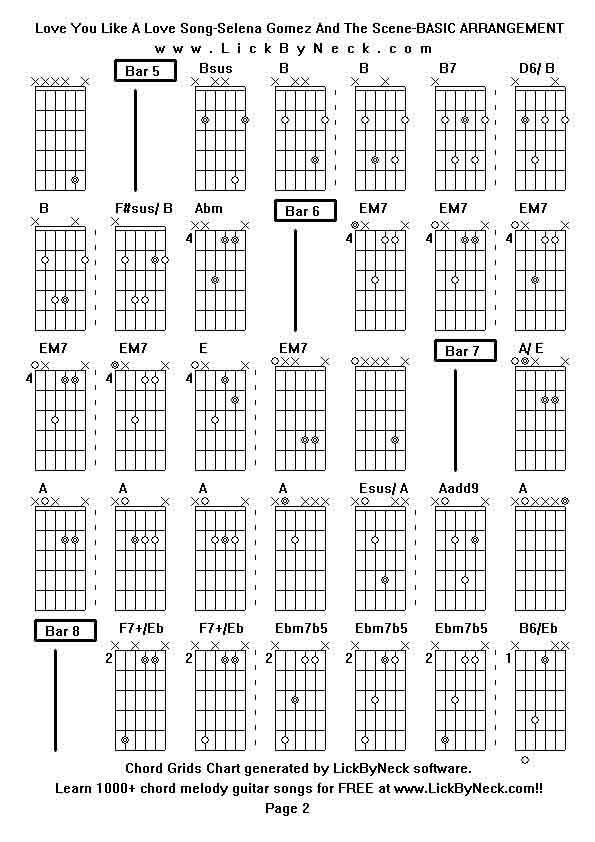 Chord Grids Chart of chord melody fingerstyle guitar song-Love You Like A Love Song-Selena Gomez And The Scene-BASIC ARRANGEMENT,generated by LickByNeck software.